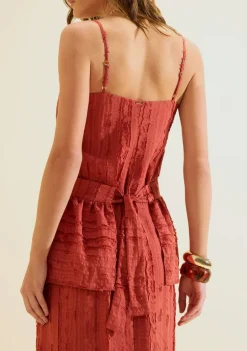 Vestido Morena Rosa Solto Decote Reto Com Alça Midi Vermelho