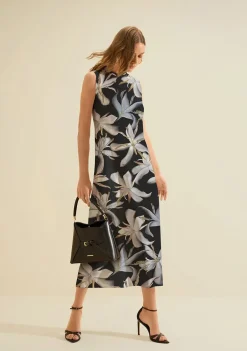 Vestido Morena Rosa Solto Decote Careca Sem Manga Midi Preto/Branco