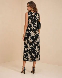 Vestido Morena Rosa Solto Decote Careca Sem Manga Midi Preto/Branco