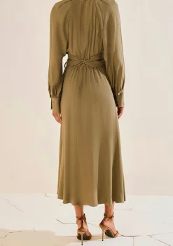 Vestido Morena Rosa Solto Decote V Manga Longa Midi Verde