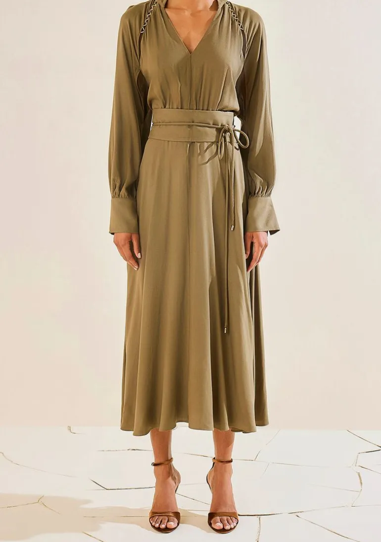 Vestido Morena Rosa Solto Decote V Manga Longa Midi Verde