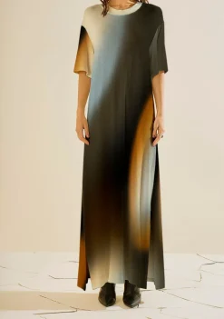 Vestido Morena Rosa Solto Decote Careca Manga Curta Longo Preto/Azul