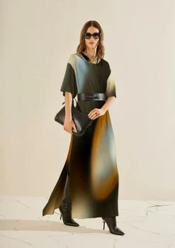Vestido Morena Rosa Solto Decote Careca Manga Curta Longo Preto/Azul