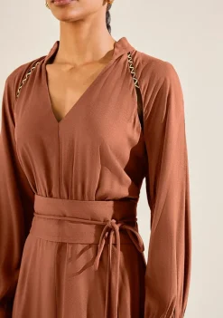 Vestido Morena Rosa Solto Decote V Manga Longa Midi Marrom
