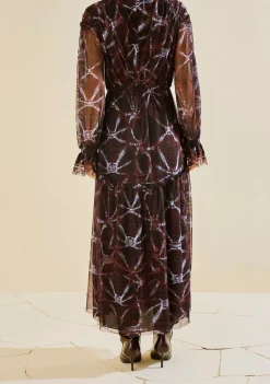 Vestido Morena Rosa Solto Decote V Manga Longa Longo Bordo