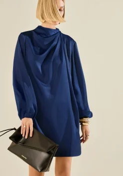 Vestido Morena Rosa Solto Gola Alta Manga Longa Curto Azul
