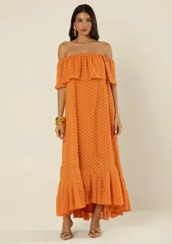 Vestido Morena Rosa Solto Ombro A Ombro Manga Curta Longo Laranja