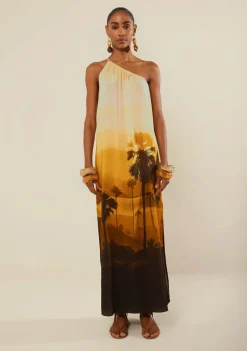 Vestido Morena Rosa Solto Um Ombro Só Sem Manga Longo Marrom