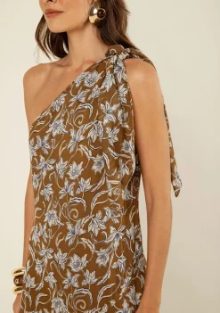 Vestido Morena Rosa Solto Um Ombro Só Sem Manga Midi Marrom