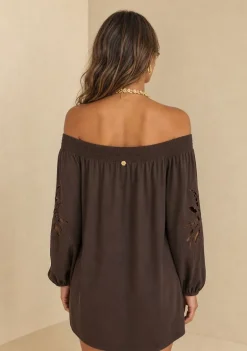 Vestido Ombro a Ombro Tropicalia Marrom