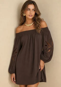 Vestido Ombro a Ombro Tropicalia Marrom