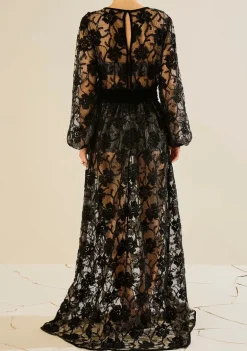 Vestido Solto Decote Careca Manga Longa Longo Preto