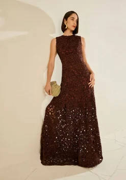 Vestido Solto Decote Careca Sem Manga Longo Marrom