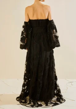 Vestido Solto Decote Reto Manga Longa Longo Preto