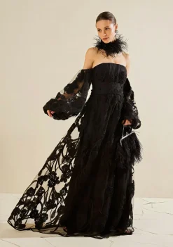 Vestido Solto Decote Reto Manga Longa Longo Preto