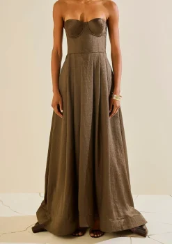 Vestido Solto Decote Reto Sem Manga Longo Marrom